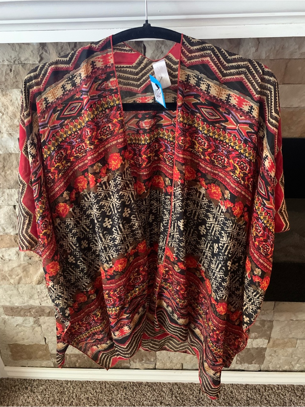 Boho Aztec Western Floral Aztec Kimono - Red & Black Kimono Poncho